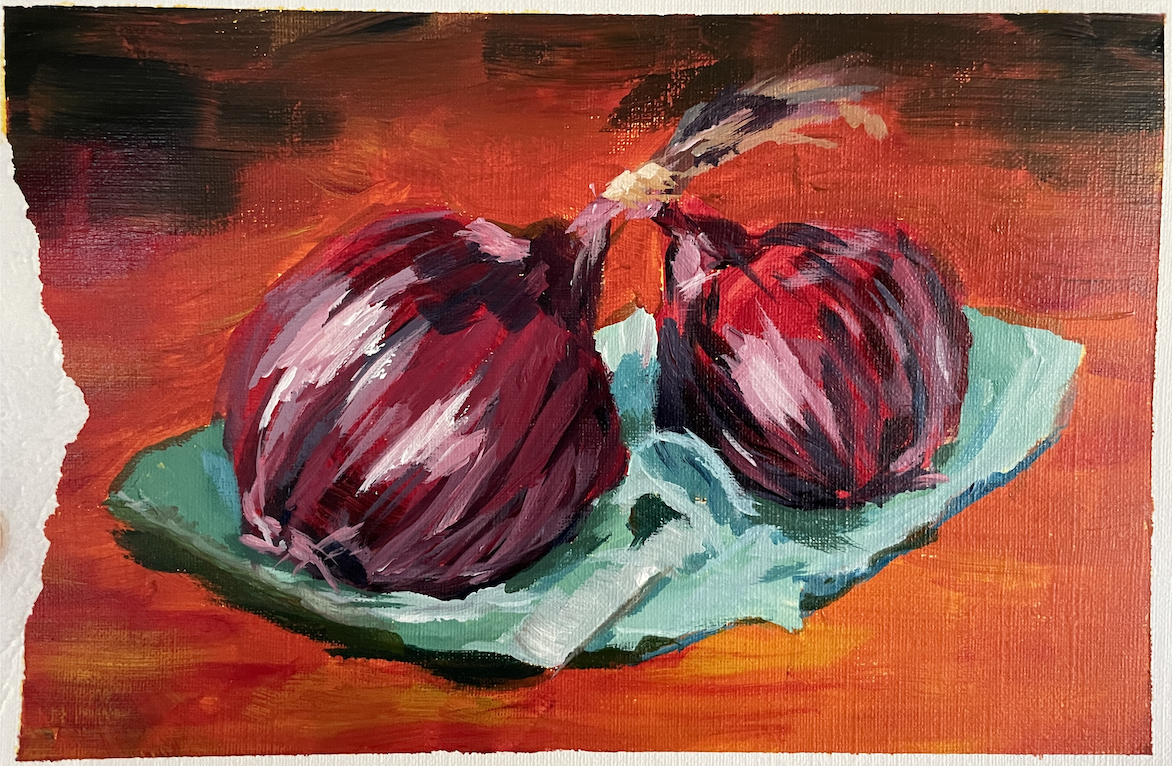 A painting of a couple of onions renderd in acrylic paint on canvas paper by Sam Brelsfoard